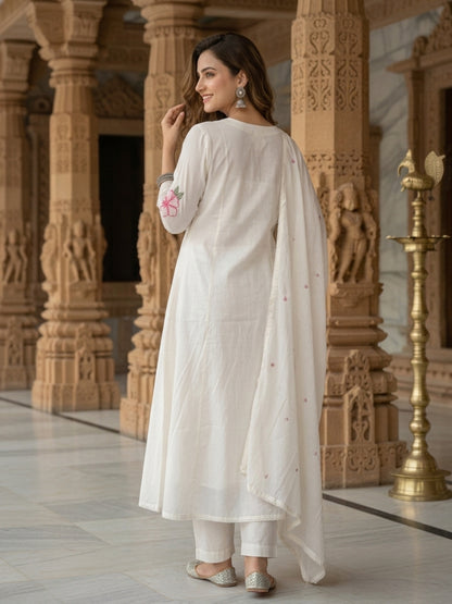 Off White Solid Floral Embroidered Cotton A-Line Kurta Set with Pant and Dupatta