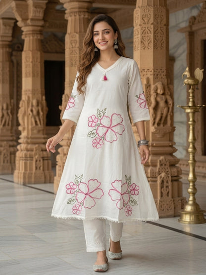 Off White Solid Floral Embroidered Cotton A-Line Kurta Set with Pant and Dupatta