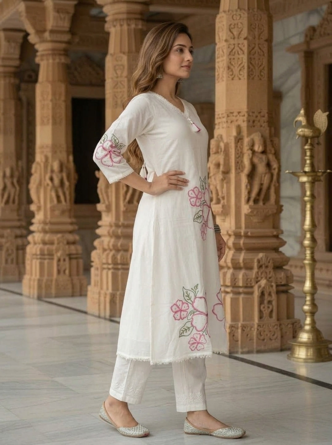 Off White Solid Floral Embroidered Cotton A-Line Kurta Set with Pant and Dupatta