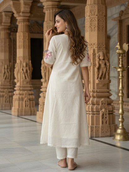 Off White Solid Floral Embroidered Cotton A-Line Kurta Set with Pant and Dupatta