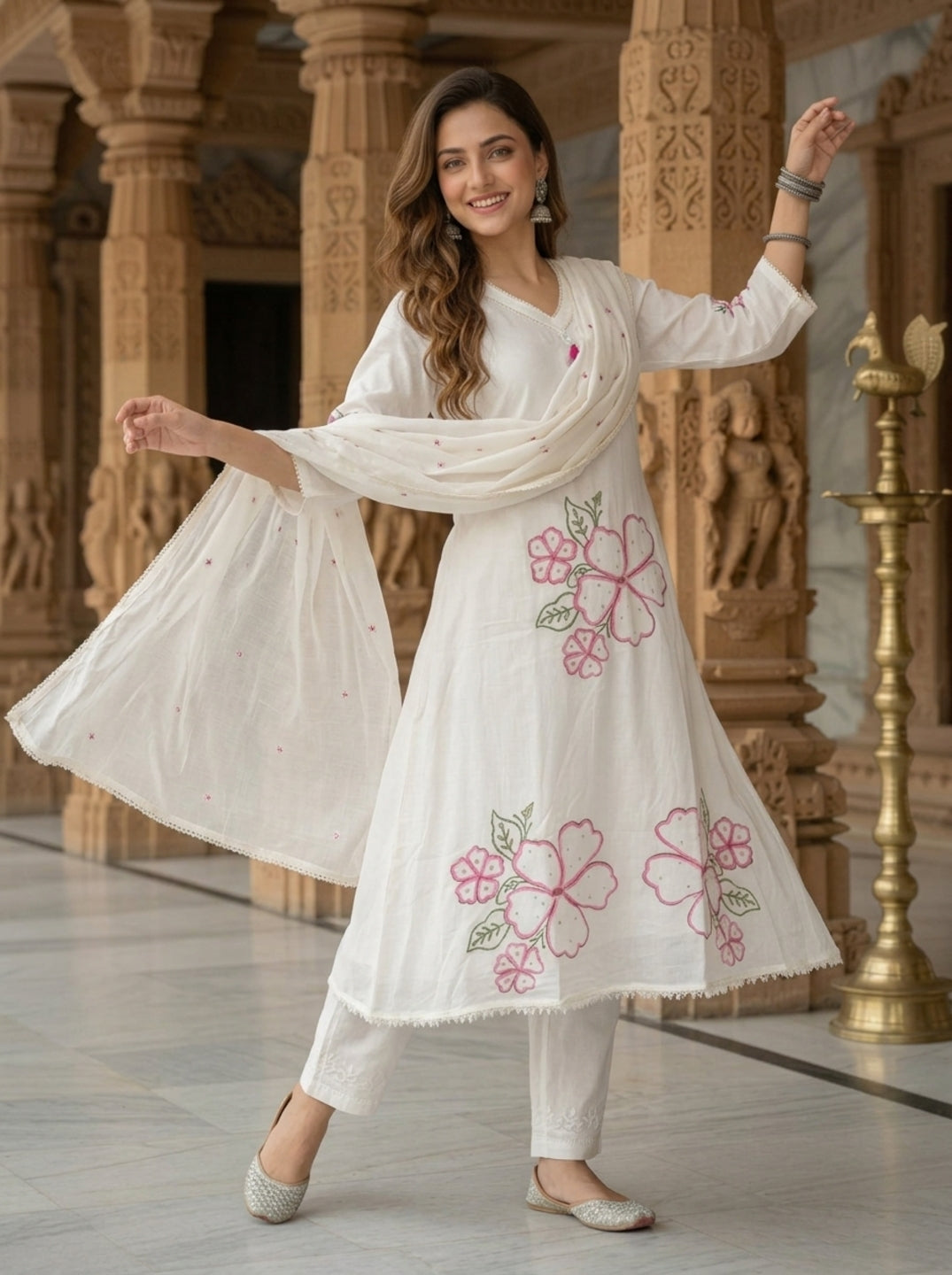 Off White Solid Floral Embroidered Cotton A-Line Kurta Set with Pant and Dupatta