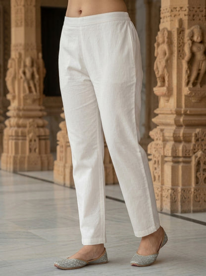 Off White Solid Floral Embroidered Cotton A-Line Kurta Set with Pant and Dupatta