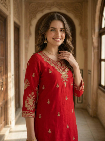 Maroon Solid Floral Hand-Embroidered Georgette Straight Kurta Set with Pant and Dupatta