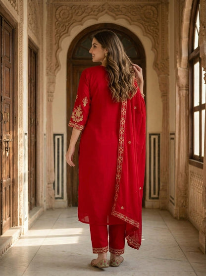 Maroon Solid Floral Hand-Embroidered Georgette Straight Kurta Set with Pant and Dupatta