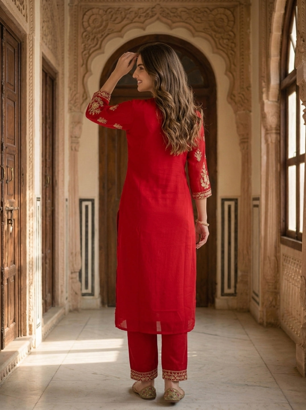 Maroon Solid Floral Hand-Embroidered Georgette Straight Kurta Set with Pant and Dupatta