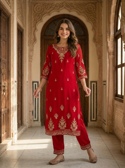 Maroon Solid Floral Hand-Embroidered Georgette Straight Kurta Set with Pant and Dupatta