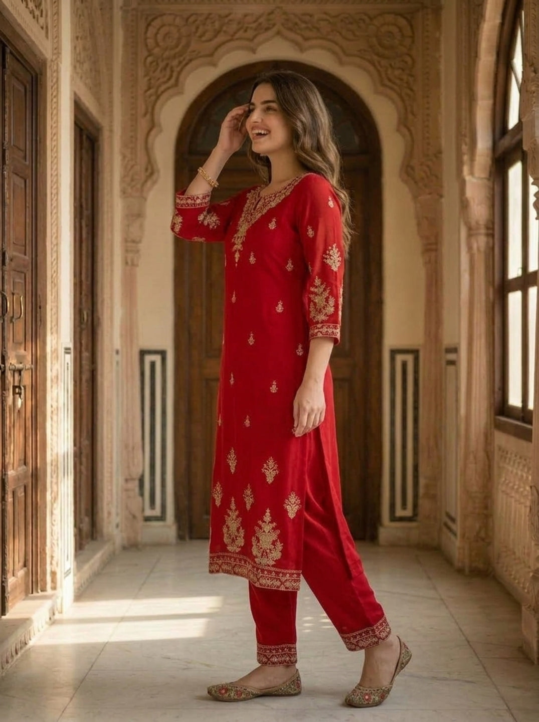 Maroon Solid Floral Hand-Embroidered Georgette Straight Kurta Set with Pant and Dupatta