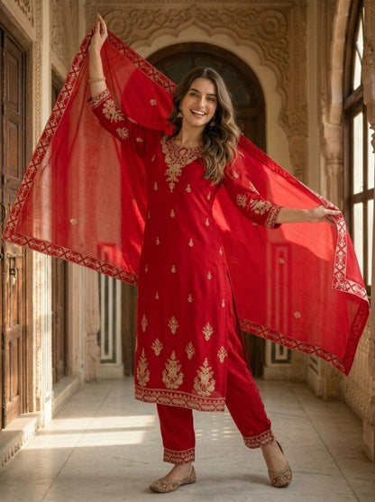 Maroon Solid Floral Hand-Embroidered Georgette Straight Kurta Set with Pant and Dupatta