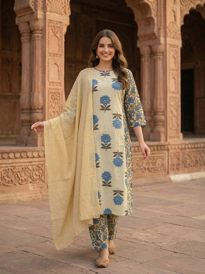 Blue Floral Ethnic Printed Cotton A-Line Paneled Kurta Set with Palazzo and Dupatta
