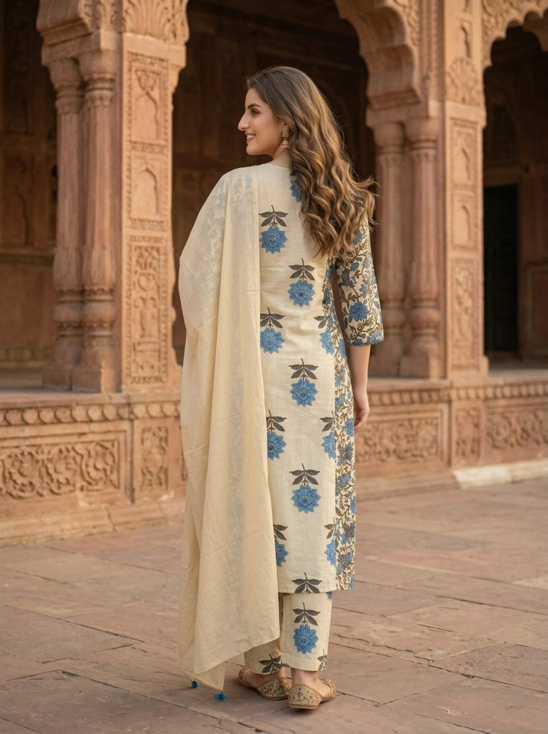 Blue Floral Ethnic Printed Cotton A-Line Paneled Kurta Set with Palazzo and Dupatta