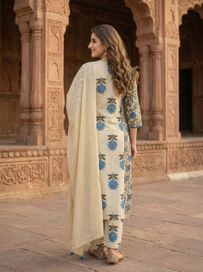 Blue Floral Ethnic Printed Cotton A-Line Paneled Kurta Set with Palazzo and Dupatta