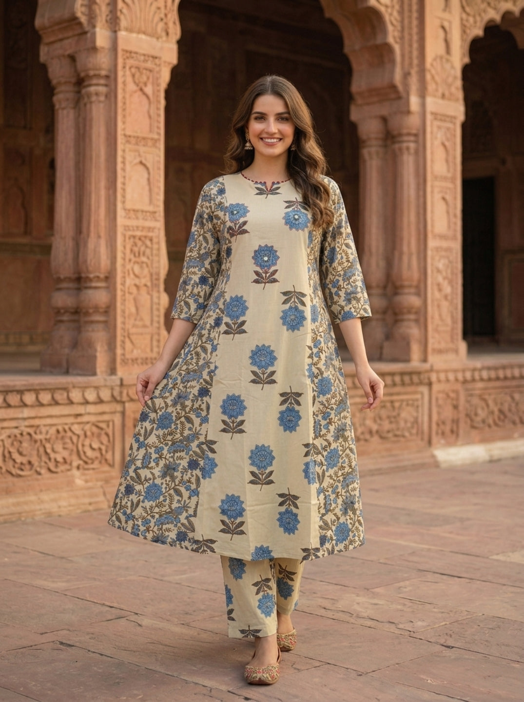 Blue Floral Ethnic Printed Cotton A-Line Paneled Kurta Set with Palazzo and Dupatta
