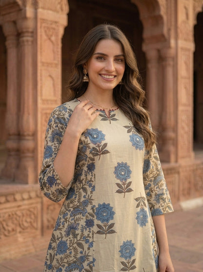 Blue Floral Ethnic Printed Cotton A-Line Paneled Kurta Set with Palazzo and Dupatta