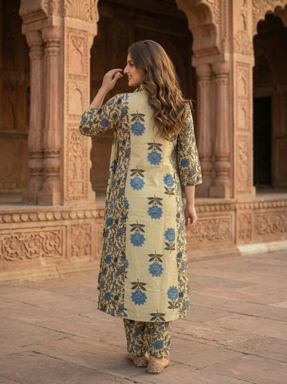 Blue Floral Ethnic Printed Cotton A-Line Paneled Kurta Set with Palazzo and Dupatta