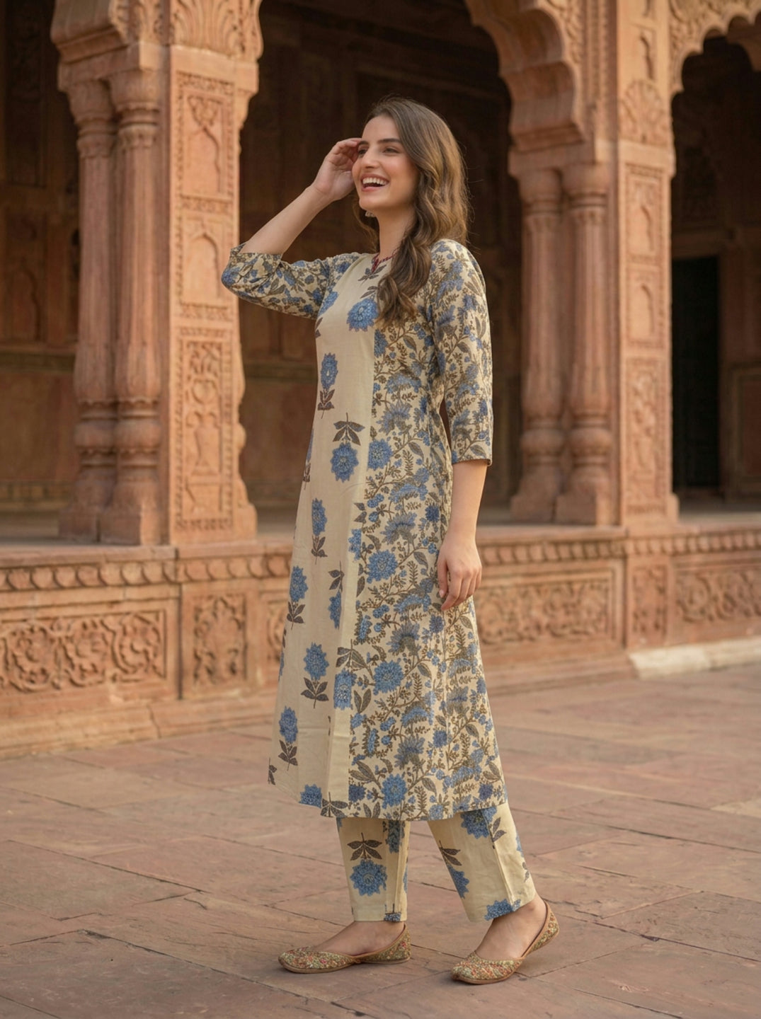 Blue Floral Ethnic Printed Cotton A-Line Paneled Kurta Set with Palazzo and Dupatta