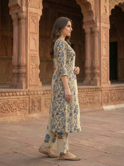 Blue Floral Ethnic Printed Cotton A-Line Paneled Kurta Set with Palazzo and Dupatta