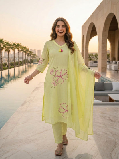 Pista Green Solid Floral Embroidered Cotton A-Line Kurta Set with Pant and Dupatta