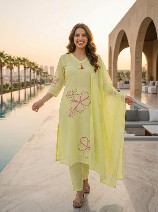 Pista Green Solid Floral Embroidered Cotton A-Line Kurta Set with Pant and Dupatta