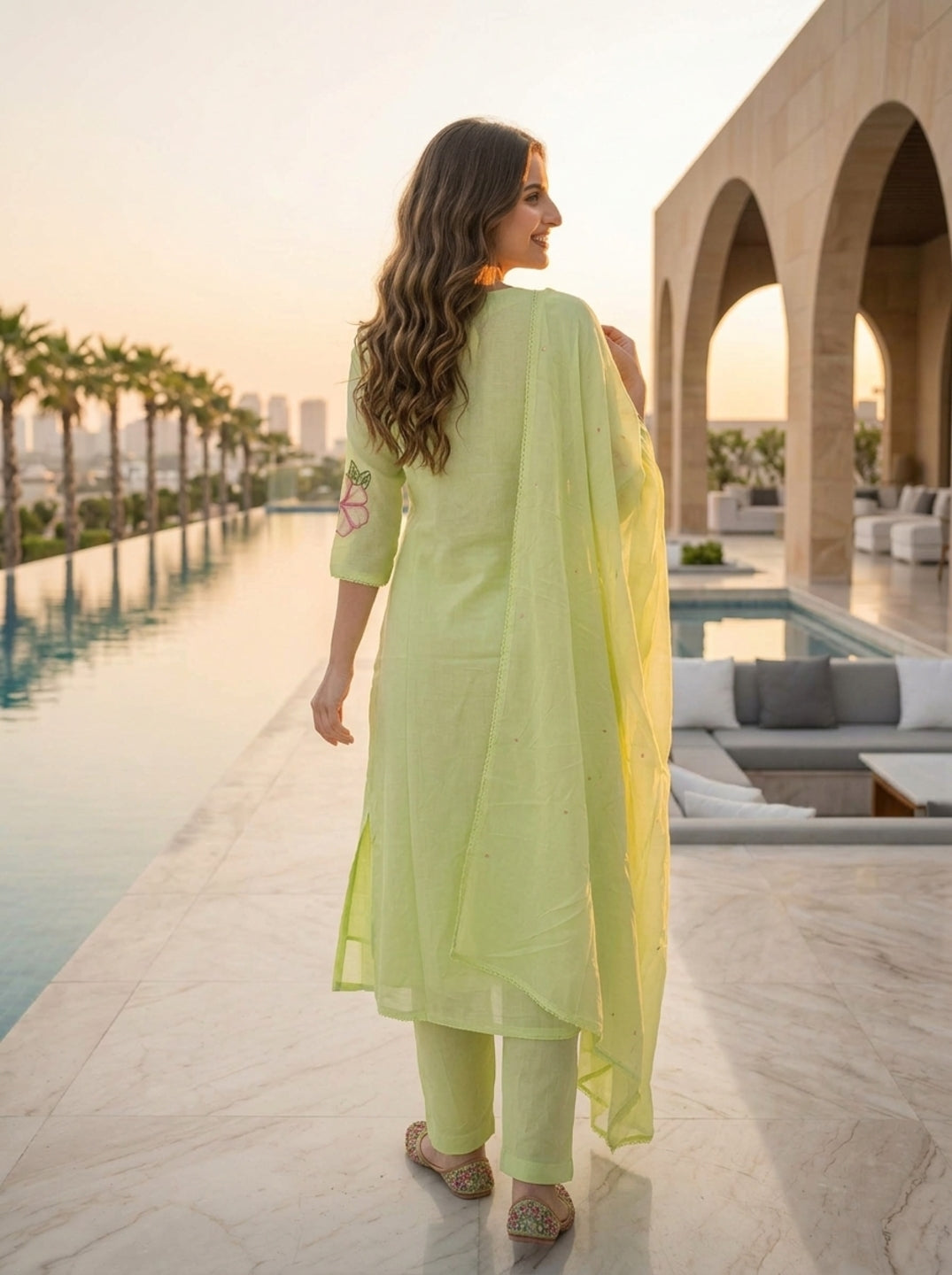 Pista Green Solid Floral Embroidered Cotton A-Line Kurta Set with Pant and Dupatta