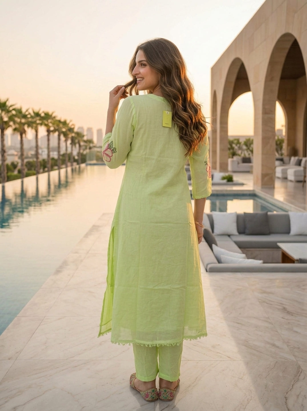 Pista Green Solid Floral Embroidered Cotton A-Line Kurta Set with Pant and Dupatta