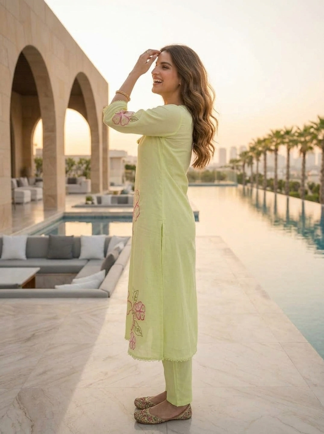 Pista Green Solid Floral Embroidered Cotton A-Line Kurta Set with Pant and Dupatta