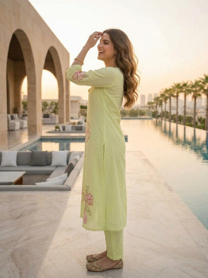 Pista Green Solid Floral Embroidered Cotton A-Line Kurta Set with Pant and Dupatta
