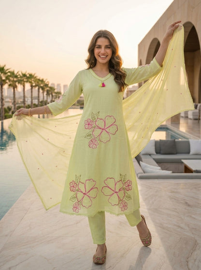 Pista Green Solid Floral Embroidered Cotton A-Line Kurta Set with Pant and Dupatta
