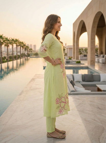 Pista Green Solid Floral Embroidered Cotton A-Line Kurta Set with Pant and Dupatta