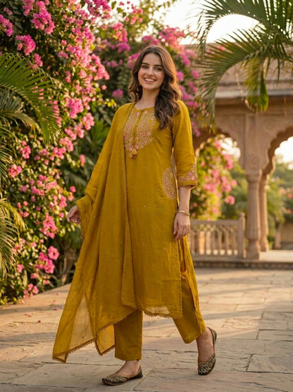Mustard Green Solid Floral Embroidered Cotton A-Line Kurta Set with Pant and Dupatta