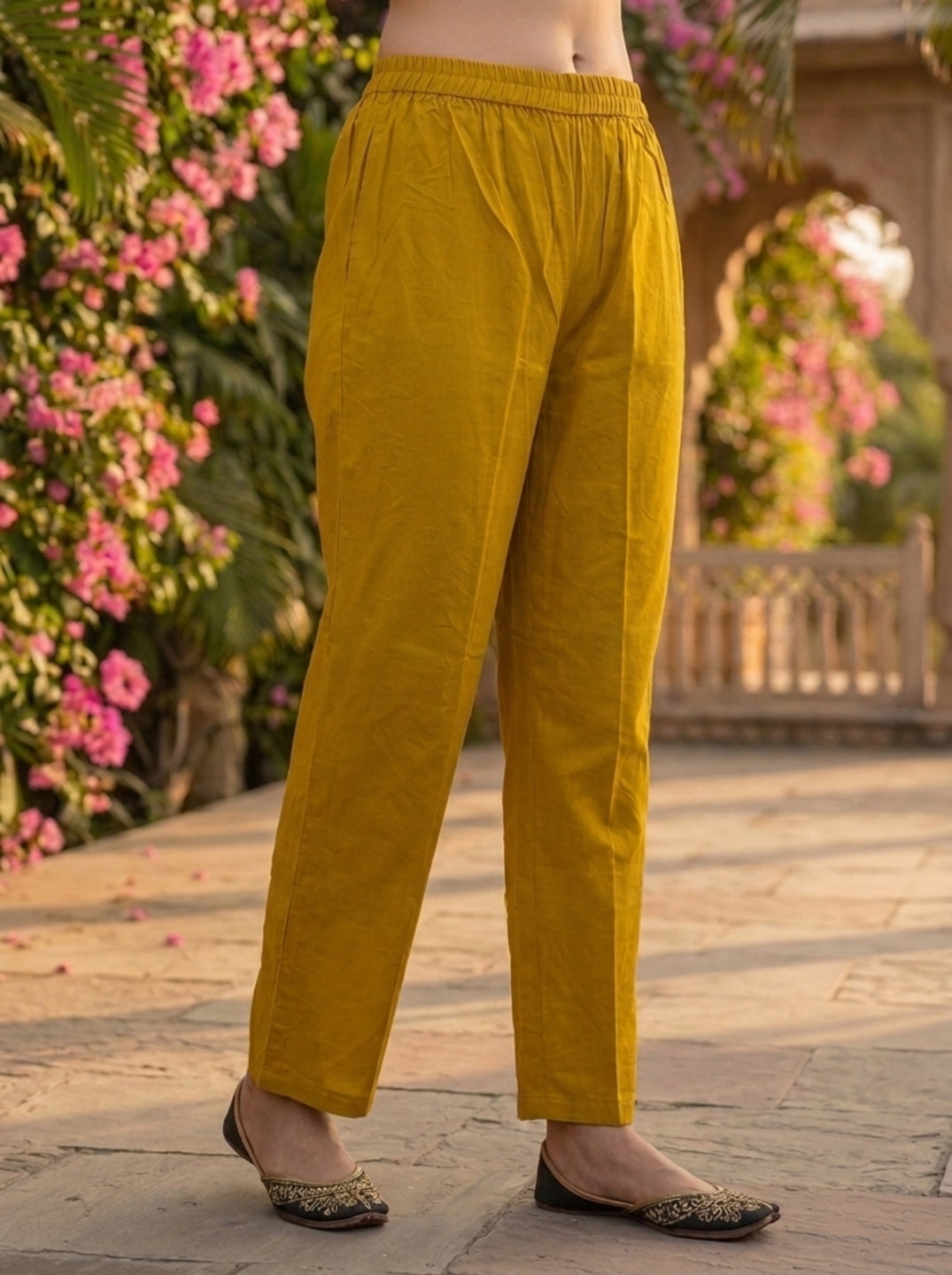 Mustard Green Solid Floral Embroidered Cotton A-Line Kurta Set with Pant and Dupatta