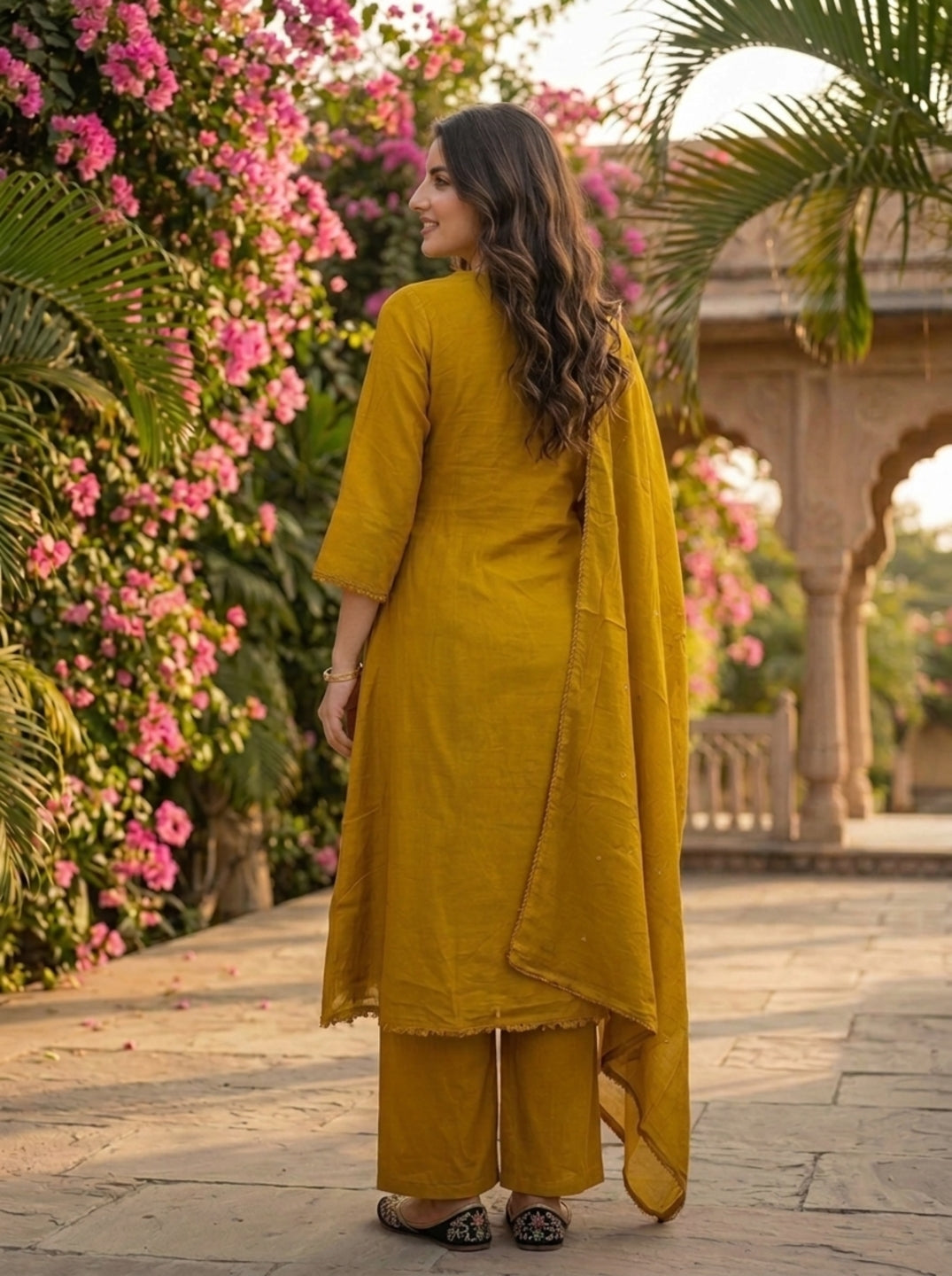 Mustard Green Solid Floral Embroidered Cotton A-Line Kurta Set with Pant and Dupatta
