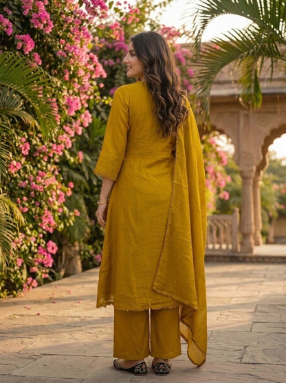 Mustard Green Solid Floral Embroidered Cotton A-Line Kurta Set with Pant and Dupatta