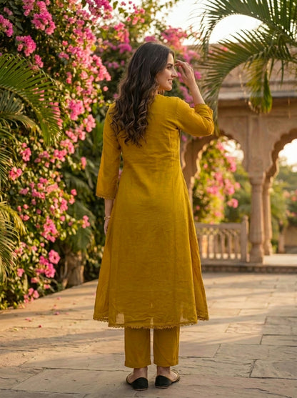 Mustard Green Solid Floral Embroidered Cotton A-Line Kurta Set with Pant and Dupatta