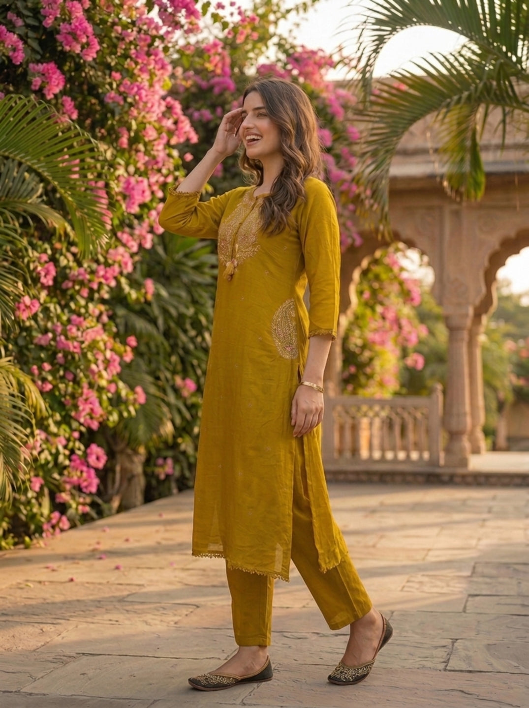 Mustard Green Solid Floral Embroidered Cotton A-Line Kurta Set with Pant and Dupatta