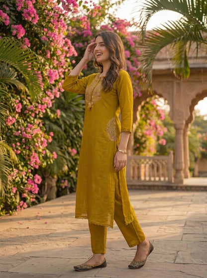 Mustard Green Solid Floral Embroidered Cotton A-Line Kurta Set with Pant and Dupatta
