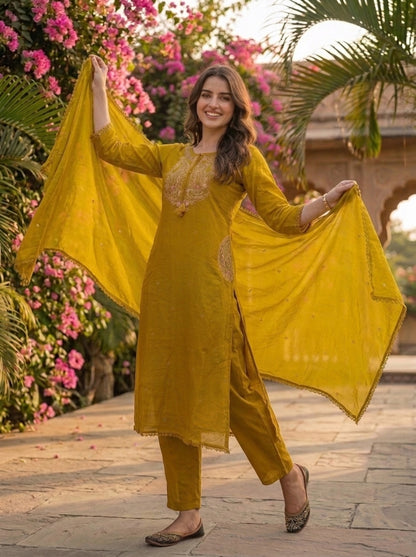 Mustard Green Solid Floral Embroidered Cotton A-Line Kurta Set with Pant and Dupatta