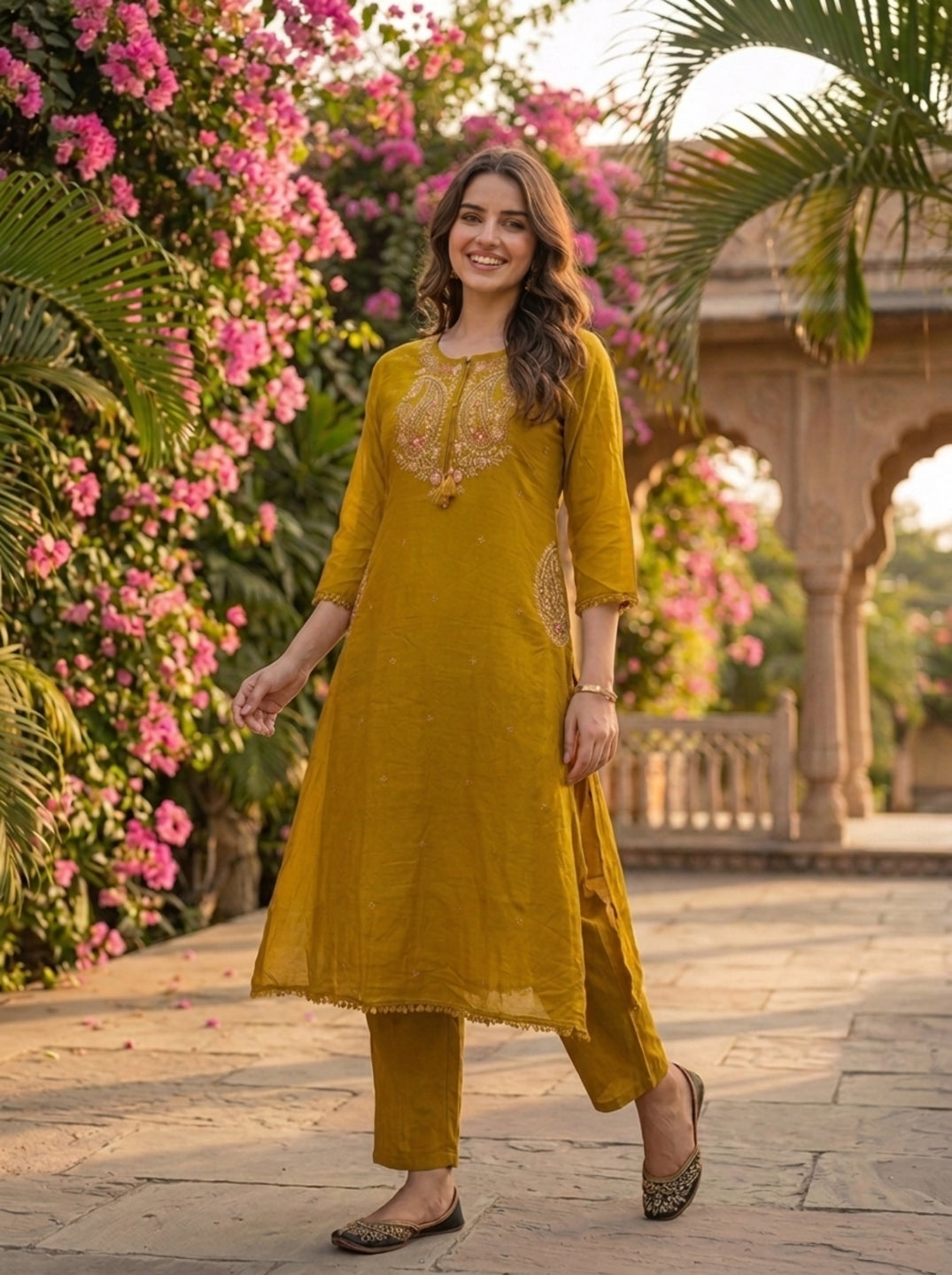 Mustard Green Solid Floral Embroidered Cotton A-Line Kurta Set with Pant and Dupatta
