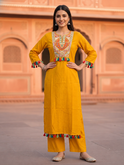 Mustard Yellow Solid Thread and Mirror Embroidered Cotton A-Line Kurta Set with Pant