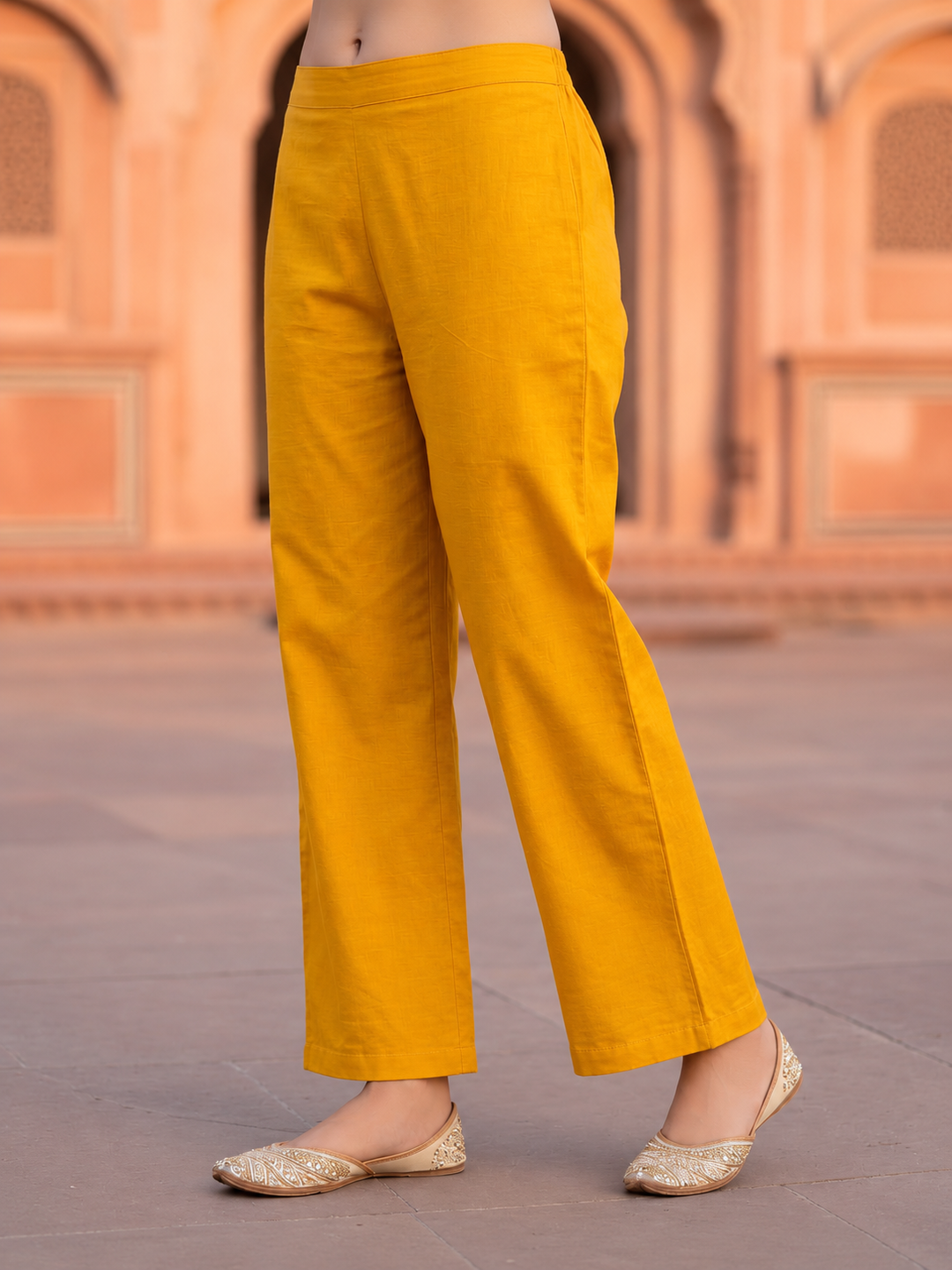 Mustard Yellow Solid Thread and Mirror Embroidered Cotton A-Line Kurta Set with Pant