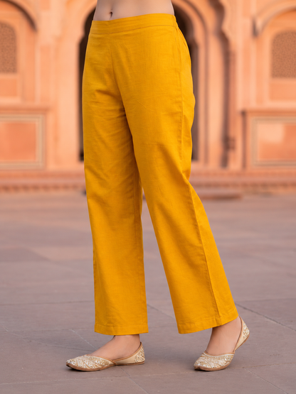 Mustard Yellow Solid Thread and Mirror Embroidered Cotton A-Line Kurta Set with Pant