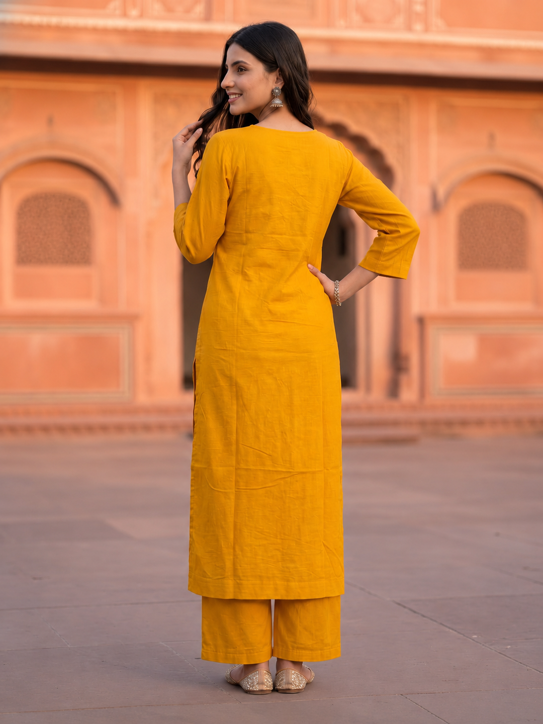 Mustard Yellow Solid Thread and Mirror Embroidered Cotton A-Line Kurta Set with Pant