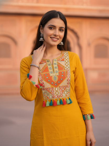 Mustard Yellow Solid Thread and Mirror Embroidered Cotton A-Line Kurta Set with Pant