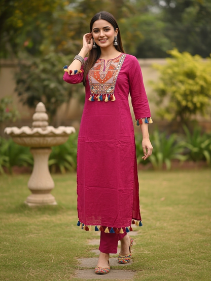 Magenta Solid Thread and Mirror Embroidered Cotton A-Line Kurta Set with Pant