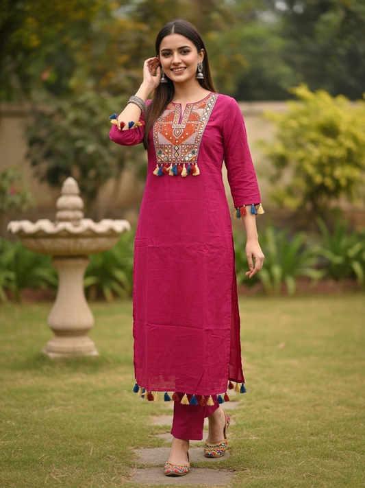 Magenta Solid Thread and Mirror Embroidered Cotton A-Line Kurta Set with Pant