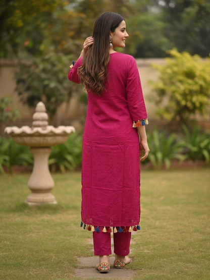 Magenta Solid Thread and Mirror Embroidered Cotton A-Line Kurta Set with Pant