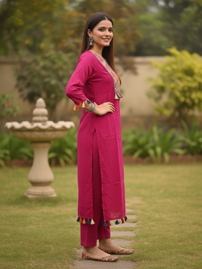Magenta Solid Thread and Mirror Embroidered Cotton A-Line Kurta Set with Pant