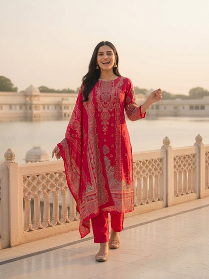 Crimson Red Floral Ethnic Printed Embroidered Chanderi Silk Straight Kurta Set with Pant and Dupatta