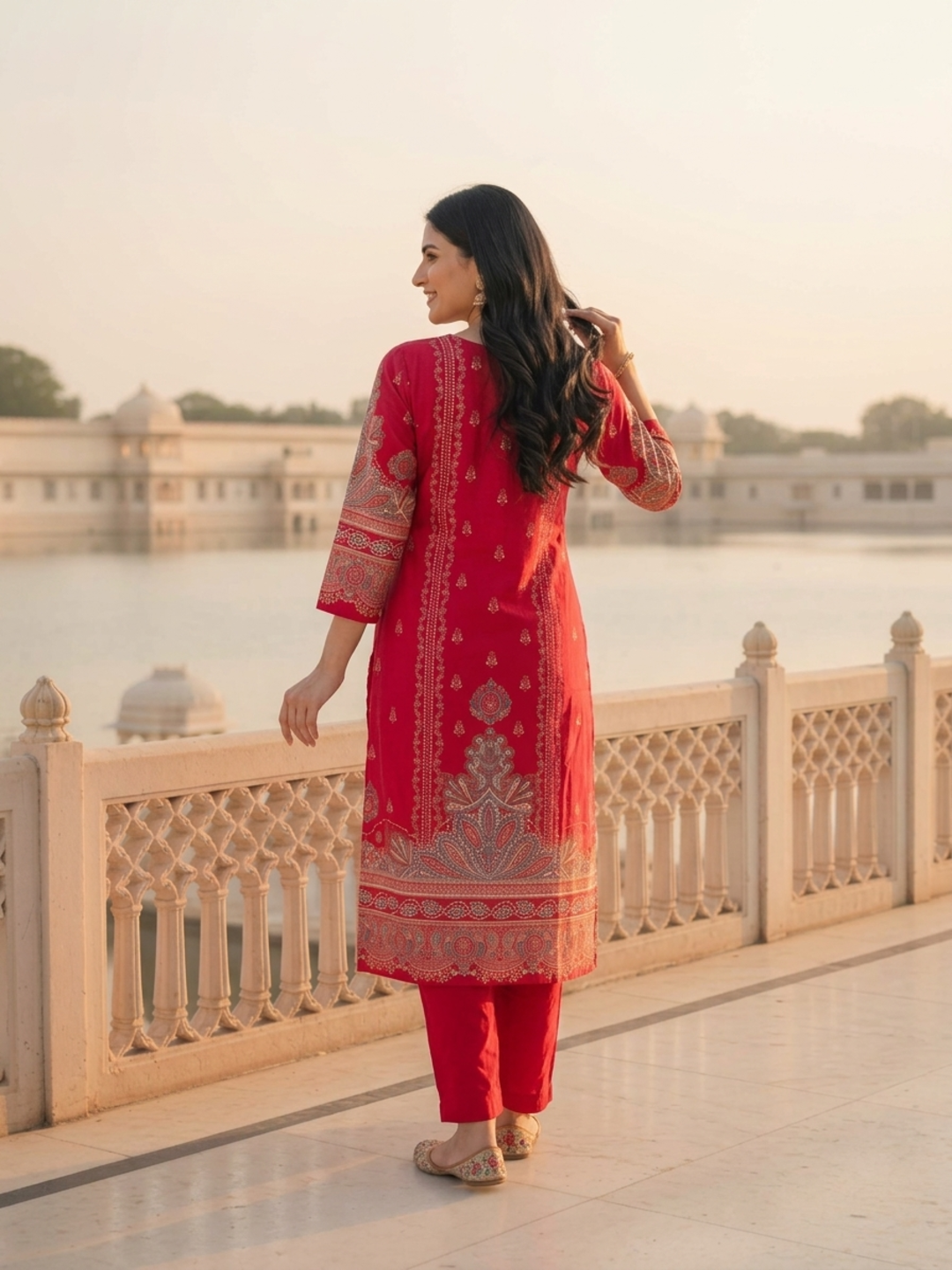 Crimson Red Floral Ethnic Printed Embroidered Chanderi Silk Straight Kurta Set with Pant and Dupatta