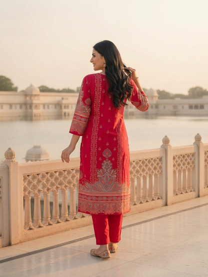 Crimson Red Floral Ethnic Printed Embroidered Chanderi Silk Straight Kurta Set with Pant and Dupatta