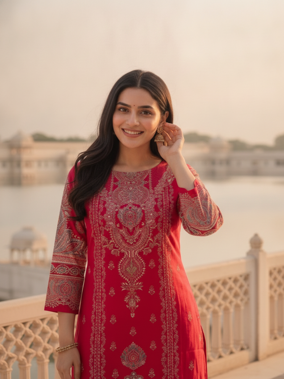 Crimson Red Floral Ethnic Printed Embroidered Chanderi Silk Straight Kurta Set with Pant and Dupatta